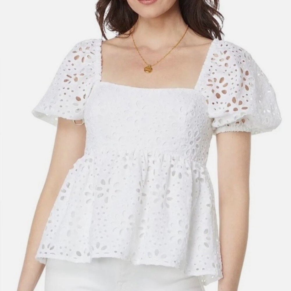 LILLY PULITZER "Kay" Coquette Milkmaid Boho Cotton Eyelet Short Puff SLV Top 8